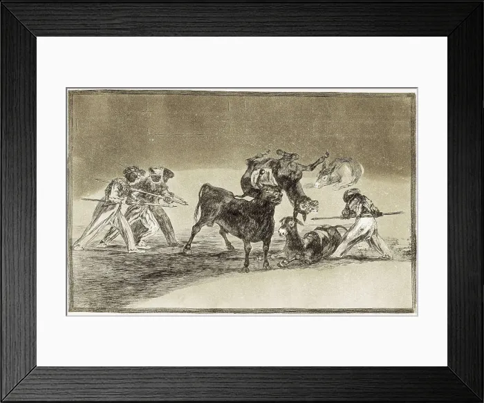 Framed Print : GOYA Y LUCIENTES, Francisco de (1746-1828). The Moors use donkeys as a barrier to defend themselves against the bull, whose horns have been tipped with balls. 1816
