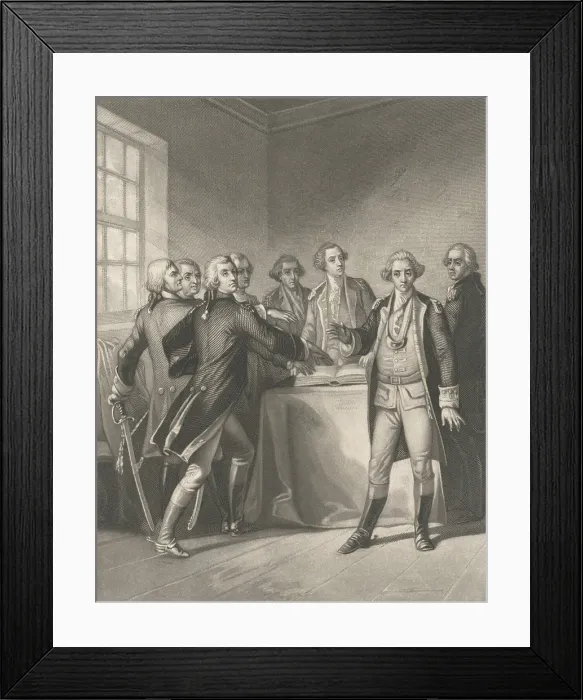 Framed Print : American Revolution. Valley Forge, Pennsylvania. On May 7, Washington issued a General Order requiring loyalty oaths be administered to Continential Army officers at Valley Forge Framed Print : American Revolution. Valley Forge, Pennsylvania. On May 7, Washington issued a General Order requiring loyalty oaths be administered to Continential Army officers at Valley Forge