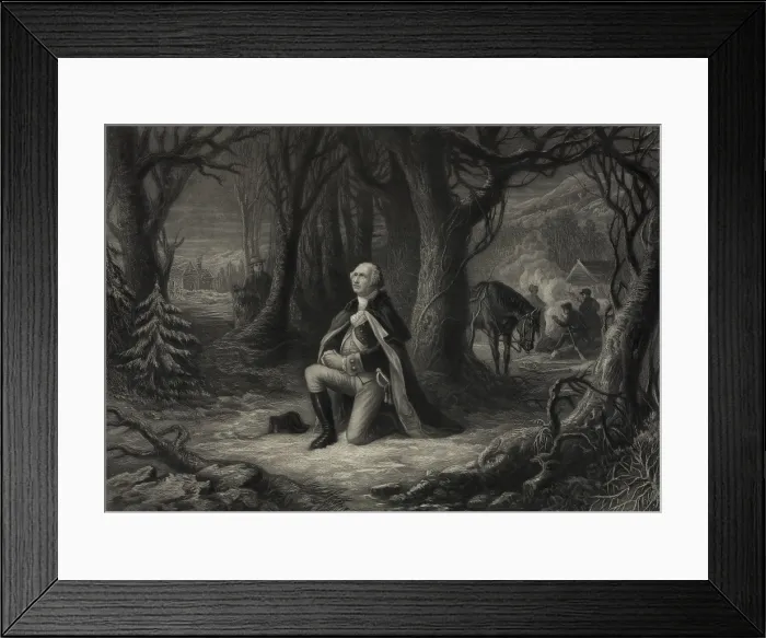 Framed Print : American Revolution. Valley Forge, Pennsylvania, Winter 1777-78. George Washington, kneeling in prayer at Valley Forge Framed Print : American Revolution. Valley Forge, Pennsylvania, Winter 1777-78. George Washington, kneeling in prayer at Valley Forge