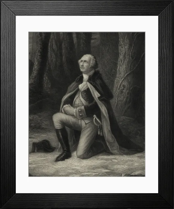Framed Print : American Revolution. Valley Forge, Pennsylvania, Winter 1777-78. George Washington, kneeling in prayer at Valley Forge