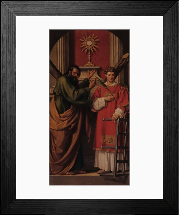 Framed Print : Saints Andrew and Lawrence before the Blessed Sacrament, by Liberale Cozza, 1818, 19th Century, canvas - Italy, Veneto, Gosaldo, Parish church. Whole artwork view