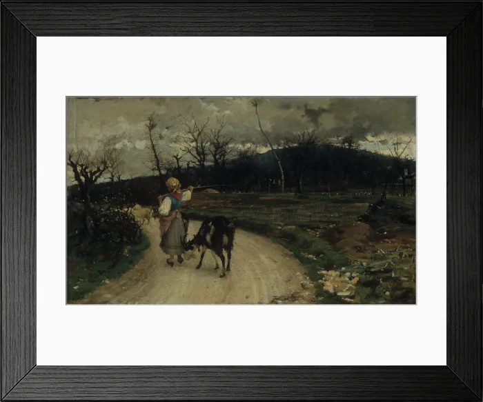 Framed Print : Coming Back Home, By Luigi Cima, 1887, 19th Century, canvas - Private collection. Whole artwork view. Little shepherdess with flock of goats in a country lane