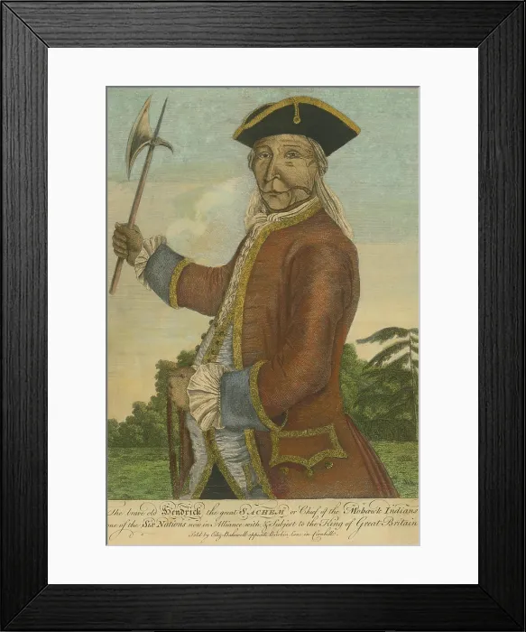 Framed Print : Henderick Peters Theyanoogin, King Hendrick, the great Mohawk sachem, wearing European style military uniform, holding a hatchet and wampum belt Framed Print : Henderick Peters Theyanoogin, King Hendrick, the great Mohawk sachem, wearing European style military uniform, holding a hatchet and wampum belt