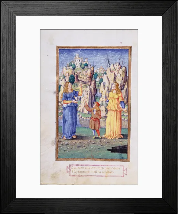 Framed Print : Earl Massimiliano between Vice and Virtue, unknown artist related to Cristoforo de Predis 15th Century, miniature - Italy, Lombardy, Milan, Castello Sforzesco
