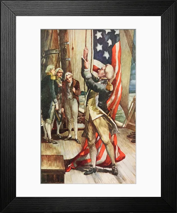 Framed Print : American Revolution. John Paul Jones raises the Stars and Stripes on an American warship for the first time, Dec. 7, 1775