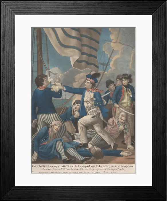 Framed Print : American Revolution. John Paul Jones shooting a enemy sailor when he attempted to strike his colors. The scene shows sailors in hand to hand fighting on a ships deck