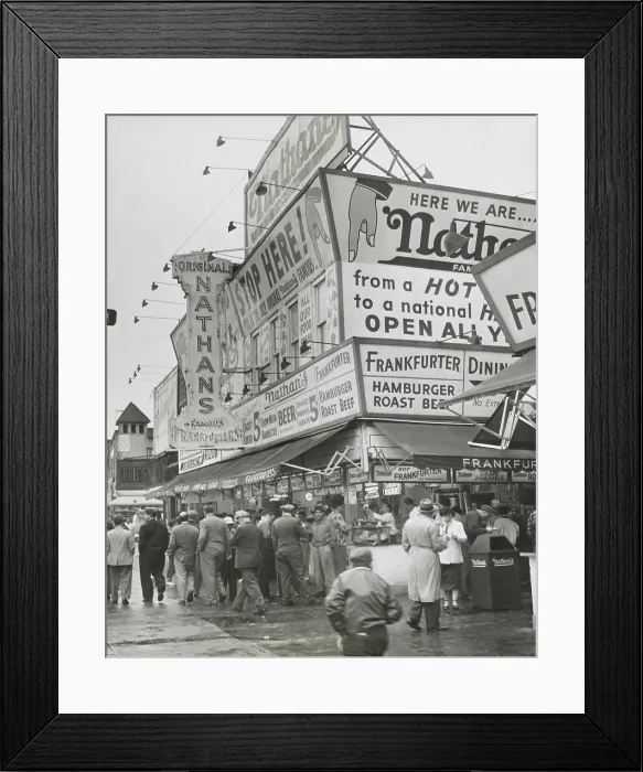 Framed Print : Nathan's Hot Dogs food stand on the Coney Island Boardwalk, May 11, 1954. Brooklyn, New York City. (BSLOC_2015_17_229)