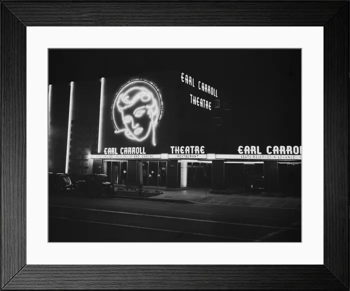 Framed Print : Neon signs at the famous Earl Carroll theater in Hollywood. Photo by Russell Lee, April 1942. Signs advertise a lavish review and dancing. (BSLOC_2015_17_217)