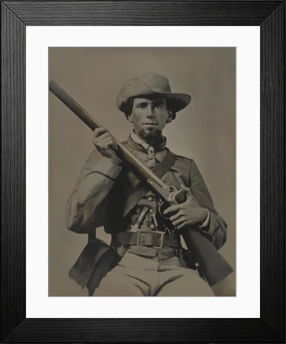Framed Print : Confederate Private John P. Alldredge of Co. A, 48th Alabama Infantry Regiment in uniform, c. 1862. He is armed with a Model 1842 rifle musket, revolver, and hunting knife Framed Print : Confederate Private John P. Alldredge of Co. A, 48th Alabama Infantry Regiment in uniform, c. 1862. He is armed with a Model 1842 rifle musket, revolver, and hunting knife
