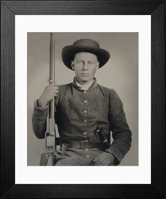 Framed Print : Confederate soldier in uniform with a Colt Revolving rifle and D-Guard Bowie knife, c. 1861-65. Civil War era hand-colored tintype photo (BSLOC_2019_2_132) Framed Print : Confederate soldier in uniform with a Colt Revolving rifle and D-Guard Bowie knife, c. 1861-65. Civil War era hand-colored tintype photo (BSLOC_2019_2_132)