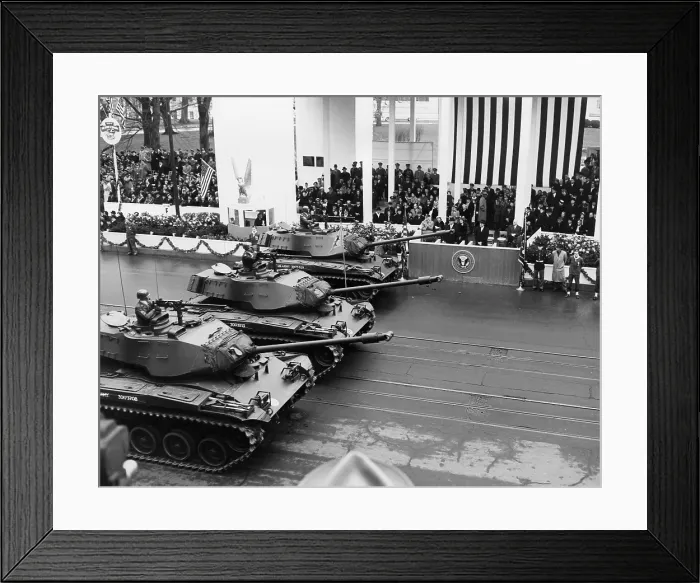 Framed Print : U.S. Army tanks pass Eisenhower's reviewing stand during the Inaugural parade. Jan 21, 1957. - (BSLOC_2014_16_38)