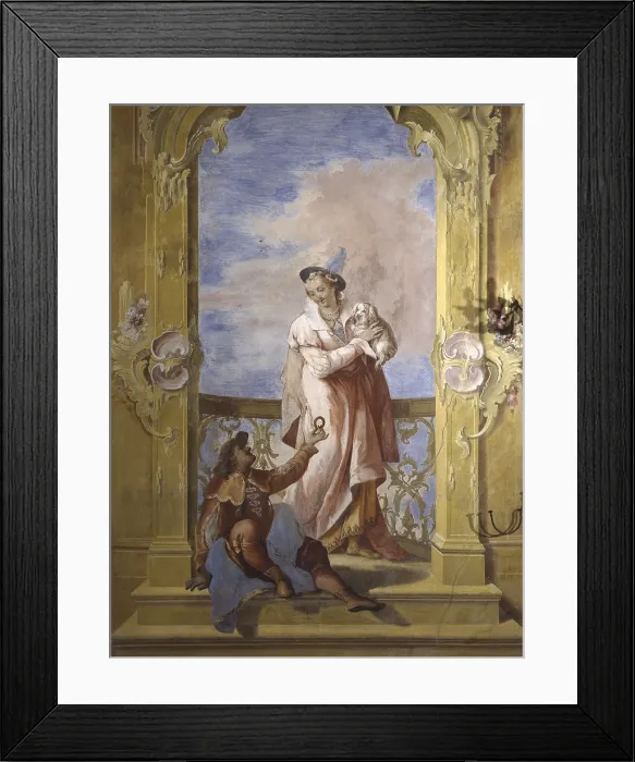 Framed Print : Couple with Little Dog, by Jacopo Guarana, ca. 1770, 18th Century, fresco - Italy, Venice, Cinto Euganeo, Valnogaredo, Contarini Rota Villa. Detail. Woman and man with a dog Framed Print : Couple with Little Dog, by Jacopo Guarana, ca. 1770, 18th Century, fresco - Italy, Venice, Cinto Euganeo, Valnogaredo, Contarini Rota Villa. Detail. Woman and man with a dog
