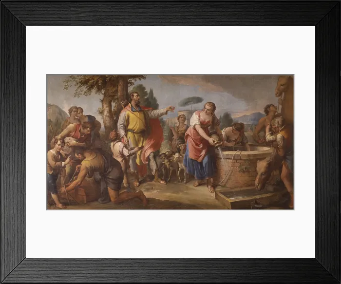 Framed Print : Rebecca at the Well, by Gaetano Zompini, 18th Century, canvas - Italy, Veneto, Venice, Scuola Grande dei Carmini. Whole artwork view Framed Print : Rebecca at the Well, by Gaetano Zompini, 18th Century, canvas - Italy, Veneto, Venice, Scuola Grande dei Carmini. Whole artwork view