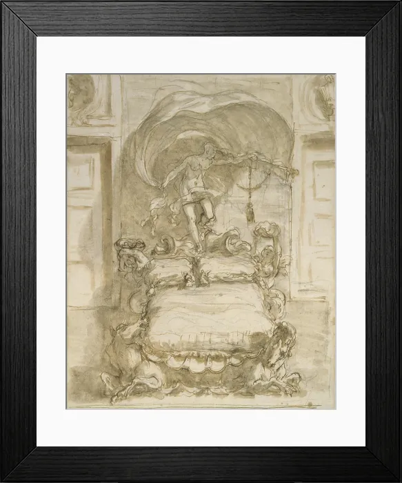 Framed Print : Bed with Seahorses and Fortune, by Sebastiano Ricci, 1712 - 1714, 18th Century, black chalk, ink, brown watercolor on white paper - Italy, Veneto, Venice, Academy Gallery Framed Print : Bed with Seahorses and Fortune, by Sebastiano Ricci, 1712 - 1714, 18th Century, black chalk, ink, brown watercolor on white paper - Italy, Veneto, Venice, Academy Gallery