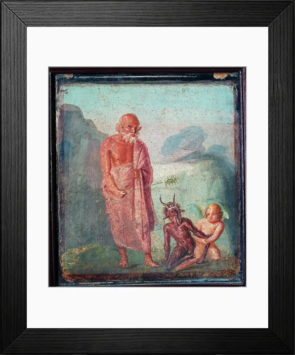 Framed Print : Sylen, Eros and Pan, by unknown artist, 62-79, 1st Century A.D. ripped fresco, 53 x 47 cm - Italy, Campania, Naples, National Archaeological Museum, Room LXXII, inv. 9124