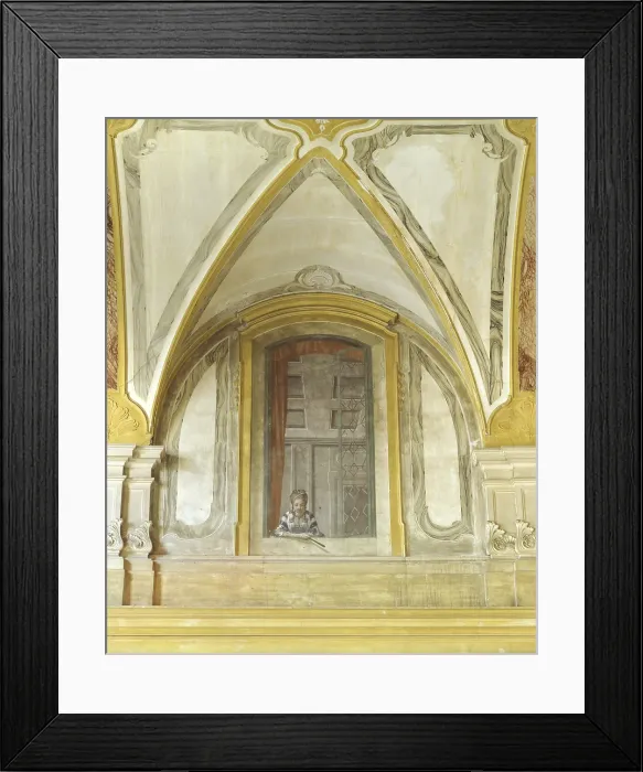 Framed Print : Lady leaning from a balcony, by Costantino Cedini, 1770 - 1790, 18th century, fresco - Italy, Veneto, Padua, Maldura Palace. Detail. Lunette with a fake window and a lady leaning