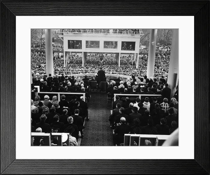 Framed Print : President Nixon delivering his inaugural address at the U.S. Capitol, Jan. 20, 1969. This unconventional view shows the imposing press booth. (BSLOC_2015_14_38)