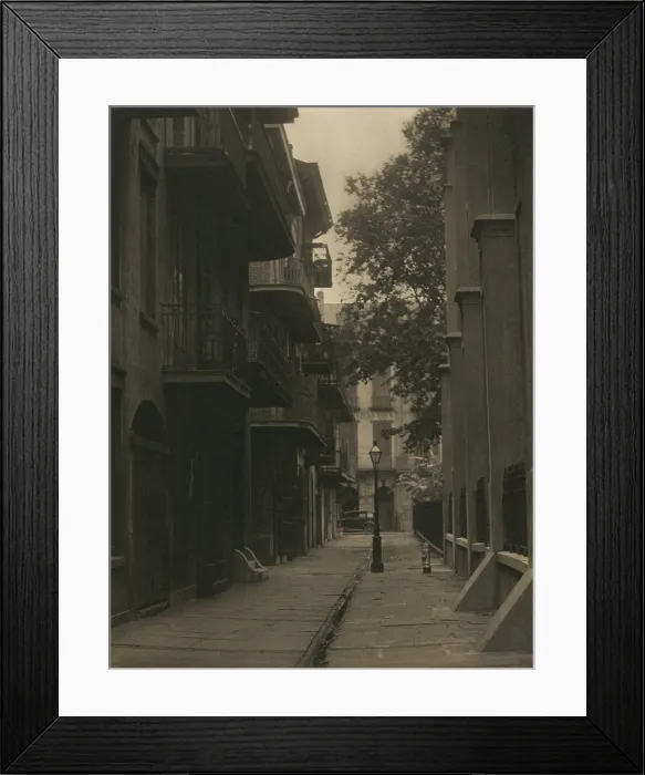 Framed Print : An alley, in an unidentified city (New Orleans?) in the American South, ca. 1930. Photo depicts narrow alley in a residential district, where buildings have iron balconies Framed Print : An alley, in an unidentified city (New Orleans?) in the American South, ca. 1930. Photo depicts narrow alley in a residential district, where buildings have iron balconies
