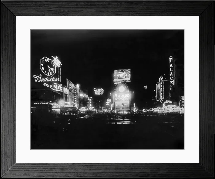 Framed Print : Times Square north at night, New York City, Jan. 1934. Lighted signs advertise theaters, Burlesque and Vaudeville houses, and famous brand consumer products. (BSLOC_2015_14_230) Framed Print : Times Square north at night, New York City, Jan. 1934. Lighted signs advertise theaters, Burlesque and Vaudeville houses, and famous brand consumer products. (BSLOC_2015_14_230)