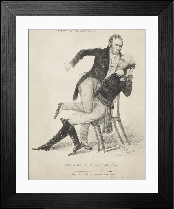 Framed Print : The Symptoms of a Locked Jaw, shows Senator Henry Clay sewing President Andrew Jacksons mouth shut Framed Print : The Symptoms of a Locked Jaw, shows Senator Henry Clay sewing President Andrew Jacksons mouth shut