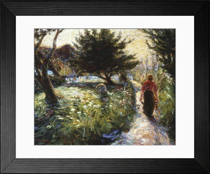 Framed Print : Summer Afternoon, by Emil Nolde, 1903, 20th century, oil on canvas - Spain, Madrid, Thysesen-Bornemisza Museum. Whole artwork view. Woman walking in a sunny garden