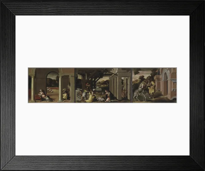 Framed Print : Saint Joseph's Dream, Christ's Nativity, Flight into Egypt, by Girolamo Marchesi also known as Girolamo of Cotignola, 1522 - 1523, 16th century, oil on board - Italy Framed Print : Saint Joseph's Dream, Christ's Nativity, Flight into Egypt, by Girolamo Marchesi also known as Girolamo of Cotignola, 1522 - 1523, 16th century, oil on board - Italy