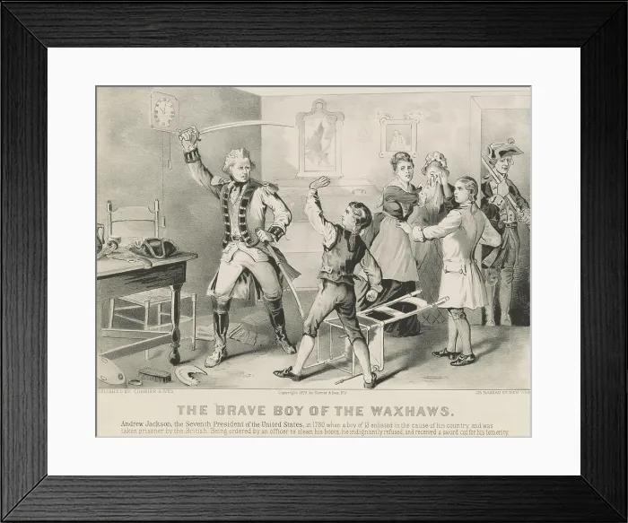 Framed Print : The Brave Boy of the Waxhaws, depicts a British soldier bringing his sword down on a 13 year old prisoner of war, Andrew Jackson