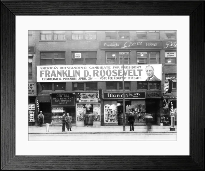 Framed Print : Banner for Franklin Roosevelt in Worcester, Massachusetts. April 1932. The large sign spans across two buildings, urging people to vote for FDR in the Democratic primary Framed Print : Banner for Franklin Roosevelt in Worcester, Massachusetts. April 1932. The large sign spans across two buildings, urging people to vote for FDR in the Democratic primary