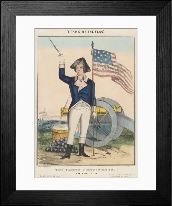 Framed Print : American Revolution. The young Continental: The Spirit of 76. Continental soldier waving short sword, and holding flag standing, near a cannon