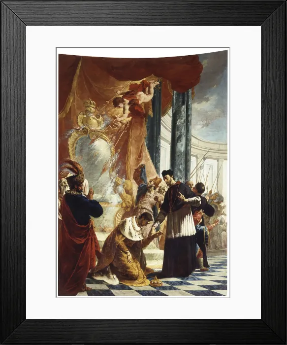 Framed Print : Emperor Valentinian bows before the bishop of Tours, by Francesco Capella, 18th Century, canvas - Italy, Lombardy, Sarnico, Church of Saint Martino. Whole artwork view
