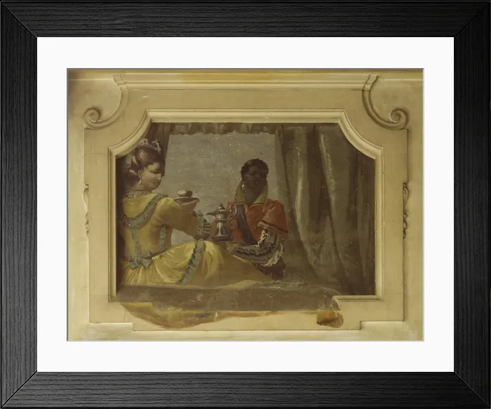 Framed Print : Sitting Lady Taking a Coffee Seen from Behind, by Costantino Cedini, 1770 - 1790 ca. 18th century, fresco - Italy, Veneto, Padua, Maldura Palace. Detail