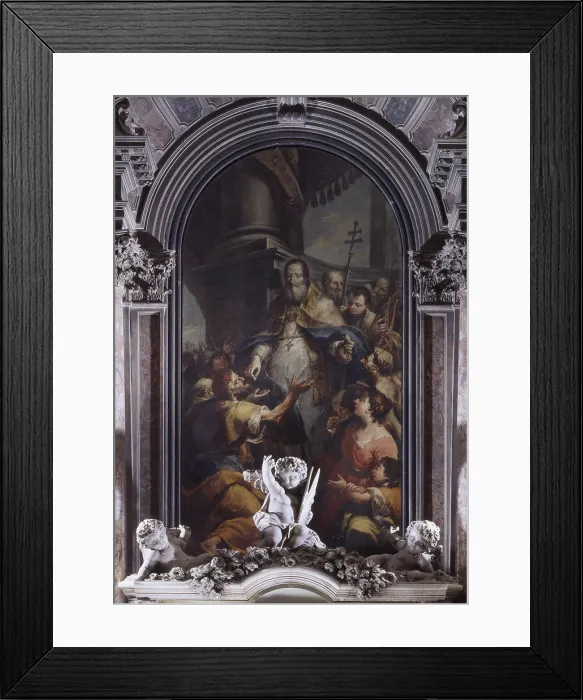 Framed Print : St. John the Alms-dispensing as dispends alms, by Jacopo Marieschi, 1743, 18th Century, canvas - Italy, Veneto, Venice, Church of Saint John in Bragora. Whole artwork view. St
