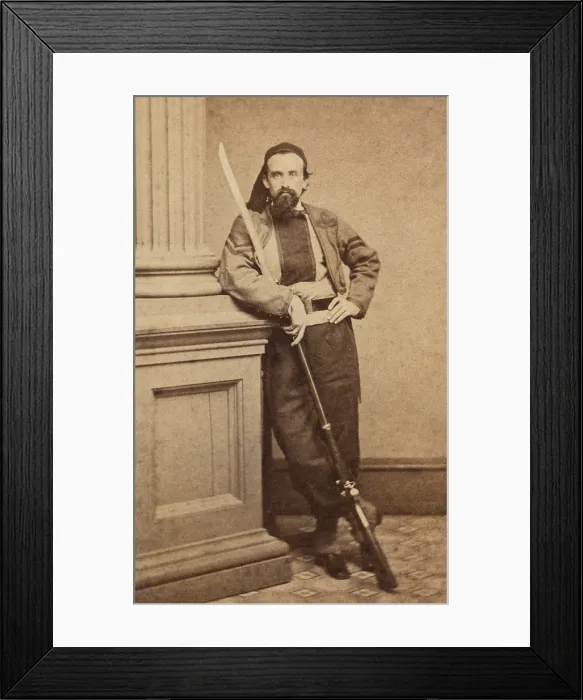 Framed Print : Sergeant Henry G. Lillibridge of Co. H, 10th Rhode Island Infantry Regiment, in zouave uniform with saber bayoneted rifle