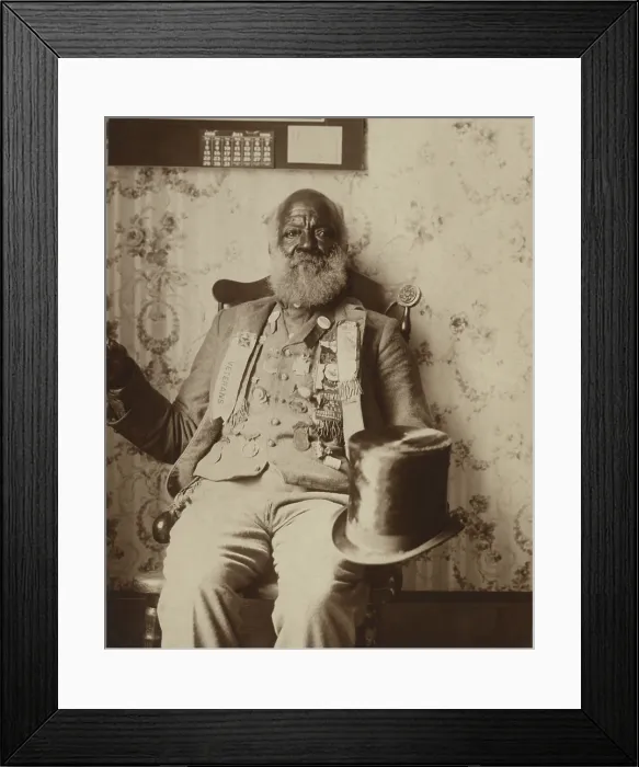 Framed Print : African American Confederate Civil War Veteran, Jefferson Shields, wears his uniform with medals and top hat