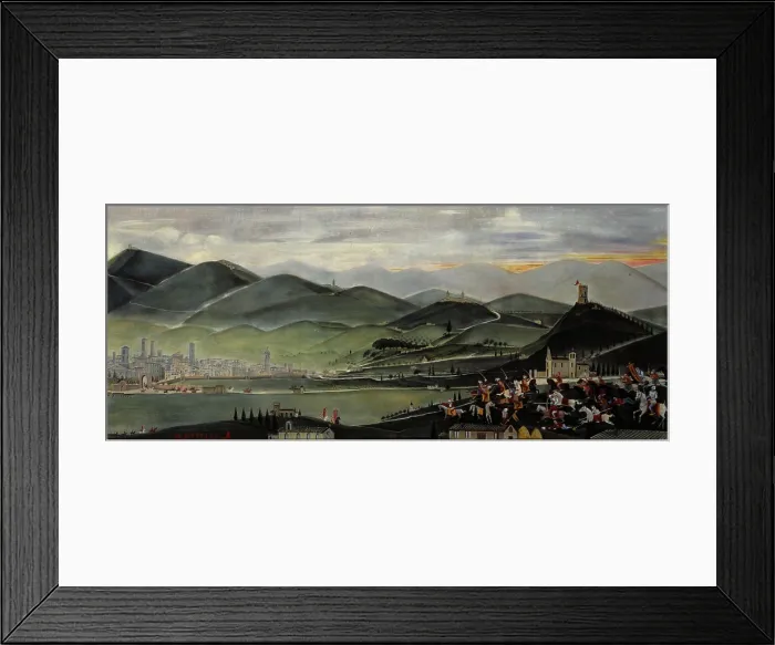 Framed Print : Colleluna battle, by Orneore Metelli, 1922 - 1938, 20th Century, oil on plywood, 61 x 142 cm - Italy, Umbria, Terni, Civic Collection Orneore Metelli. Whole artwork view