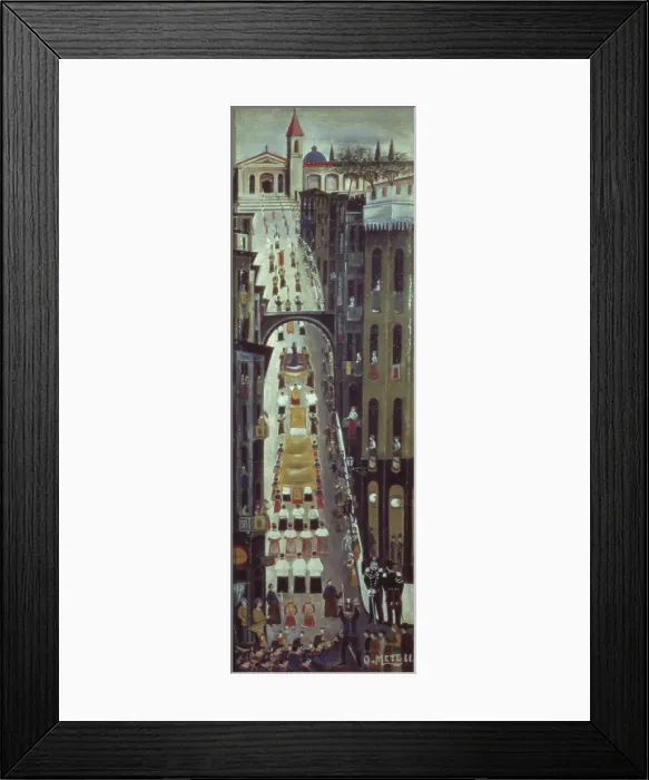 Framed Print : The procession comes back, by Orneore Metelli, 1922 - 1938, 20th Century, oil on pilewood, 93 x 30 cm - Italy, Umbria, Terni, Civic Collection Orneore Metelli. Whole artwork view