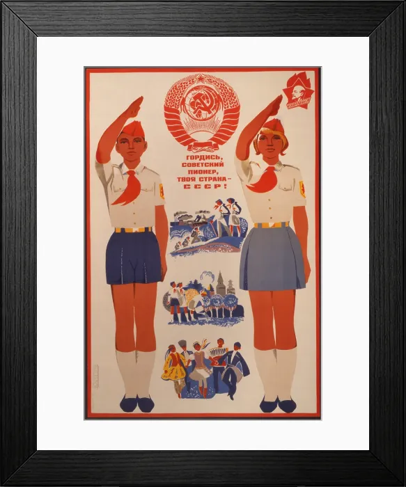 Framed Print : Soviet Russian poster celebrating the Young Pioneer Organization. Illustration depicts teenage boy and girl wearing red scarf and scouting uniforms giving the Pioneer salute Framed Print : Soviet Russian poster celebrating the Young Pioneer Organization. Illustration depicts teenage boy and girl wearing red scarf and scouting uniforms giving the Pioneer salute