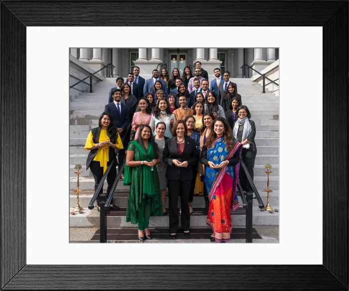 Framed Print : Vice President Kamala Harris, joined by White House staff, poses for a group photo in celebration of Diwali, Nov. 4, 2021 Framed Print : Vice President Kamala Harris, joined by White House staff, poses for a group photo in celebration of Diwali, Nov. 4, 2021