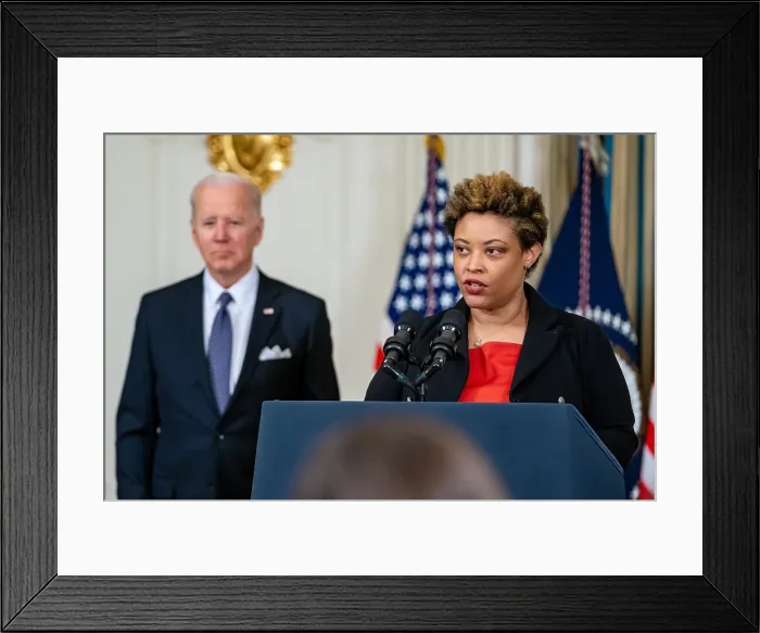 Framed Print : Shalanda Young, Director of the Office of Management and Budget speaks before President Joe Biden announces the Budget for Fiscal Year 2023