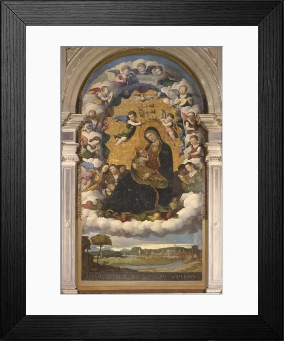 Framed Print : Madonna and angels in glory, Attributed to Giovanni da Bologna or Marcello Fogolino, 15th century, panel. - Italy, Veneto, Vicenza, Church of the Holy Crown. Whole artwork view Framed Print : Madonna and angels in glory, Attributed to Giovanni da Bologna or Marcello Fogolino, 15th century, panel. - Italy, Veneto, Vicenza, Church of the Holy Crown. Whole artwork view