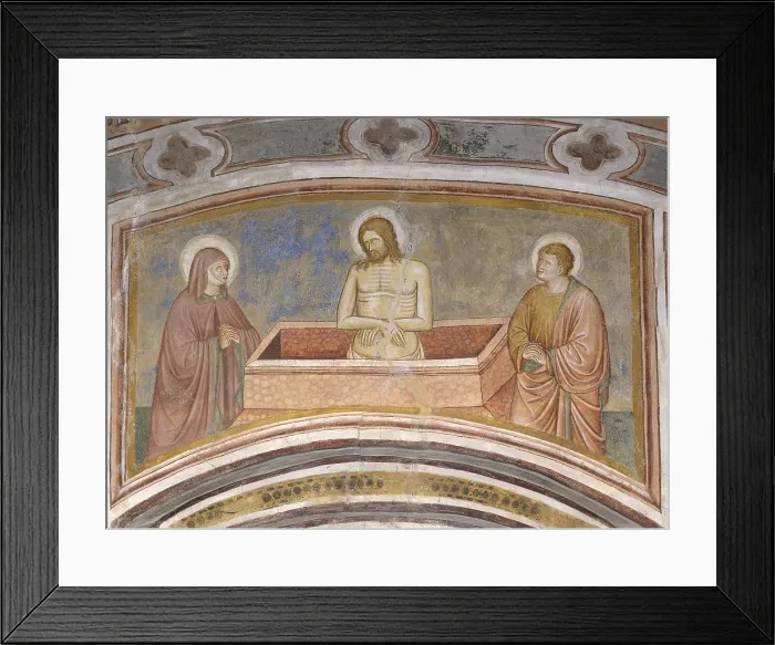 Framed Print : Dead Christ between the Virgin and St. John, Attributed to the Master of Velo d'Astico or Luca da Vicenza, 15th century, fresco Framed Print : Dead Christ between the Virgin and St. John, Attributed to the Master of Velo d'Astico or Luca da Vicenza, 15th century, fresco