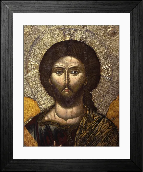Framed Print : Christ Pantocrator, attributed to Onufri, 16th Century, tempera on wood with metal covering - Albania, Kora, National Museum of Medioeval Art. Detail. Detail of the face of Jesus Framed Print : Christ Pantocrator, attributed to Onufri, 16th Century, tempera on wood with metal covering - Albania, Kora, National Museum of Medioeval Art. Detail. Detail of the face of Jesus