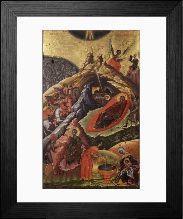 Framed Print : Nativity, by Onufri Qiprioti, 17th Century, tempera on wood - Albania, Kora, National Museum of Medioeval Art. Whole artwork view