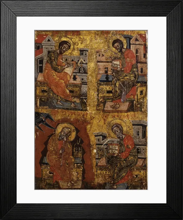 Framed Print : The Four Evangelists, by Artist from Kora, tempera on wood - Albania, Tirana, Institute for Cultural Monuments. Whole artwork view. Icon from the monastery of Saint Prodhromi, St Framed Print : The Four Evangelists, by Artist from Kora, tempera on wood - Albania, Tirana, Institute for Cultural Monuments. Whole artwork view. Icon from the monastery of Saint Prodhromi, St