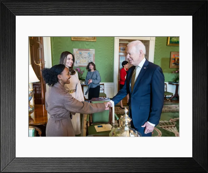 Framed Print : President Joe Biden greets actress and advocate, Angelina Jolie and her daughter Zahara Marley Jolie-Pitt, March 16, 2022 Framed Print : President Joe Biden greets actress and advocate, Angelina Jolie and her daughter Zahara Marley Jolie-Pitt, March 16, 2022