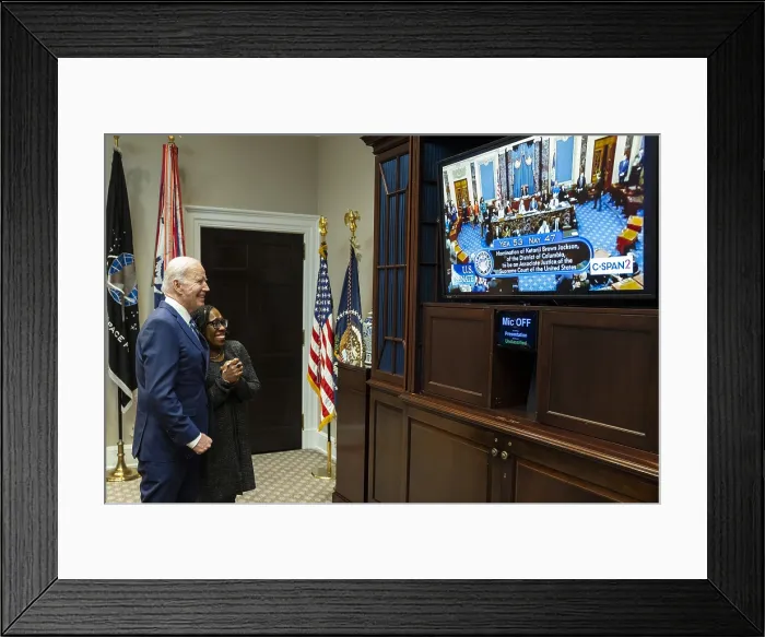 Framed Print : President Joe Biden and Associate Supreme Court Nominee, Ketanji Brown Jackson, watch a video monitor as the US Senate votes for her confirmation, April 7, 2022. (BSLOC_2022_3_5) Framed Print : President Joe Biden and Associate Supreme Court Nominee, Ketanji Brown Jackson, watch a video monitor as the US Senate votes for her confirmation, April 7, 2022. (BSLOC_2022_3_5)