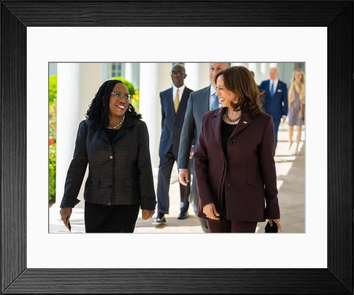 Framed Print : Vice President Kamala Harris and Justice Ketanji Brown Jackson walk along the West Colonnade, on their way to a celebration of Jackson's confirmation to the Supreme Court