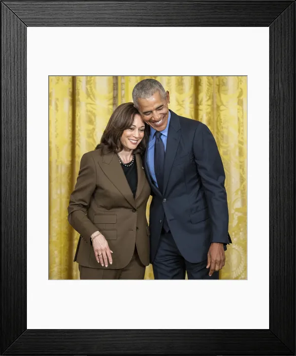Framed Print : Former President Barack Obama with Vice President Kamala Harris after President Biden signing his second executive order to strengthen the Affordable Care Act, April 5, 2022