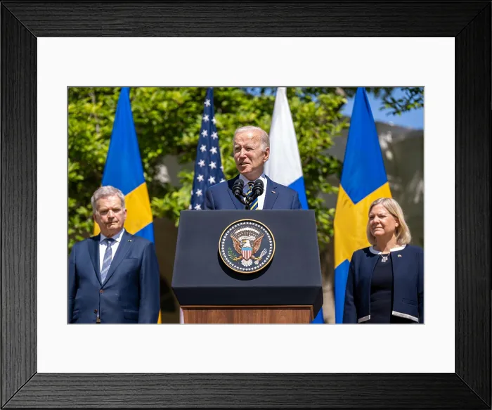 Framed Print : President Joe Biden, with Finland President Sauli Niinist and Swedish PM Magdalena Andersson, before initiating US Congressional approval of their nations NATO membership