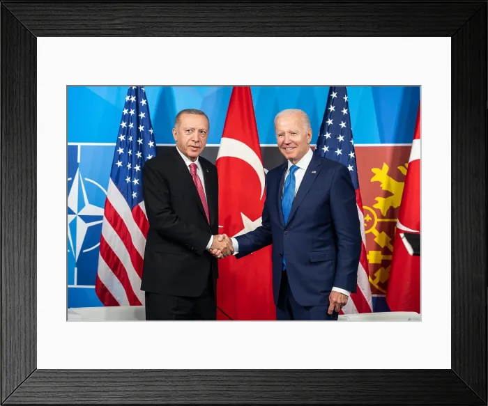 Framed Print : Presidents Joe Biden and Recep Tayyip Erdogan of Turkey shake hands at their bilateral meeting at the NATO Summit, June 29, 2022, Madrid, Spain